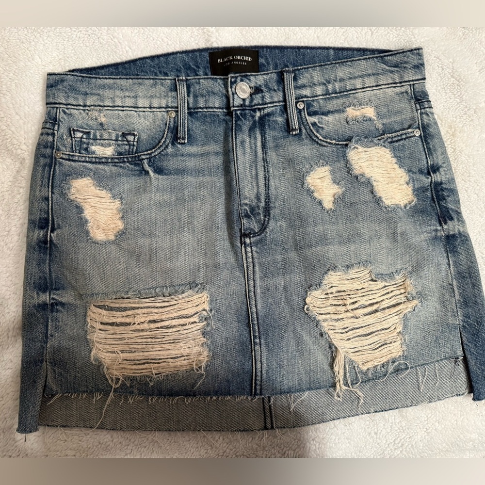 Black Orchid Light Blue Distressed Denim Mini Skirt